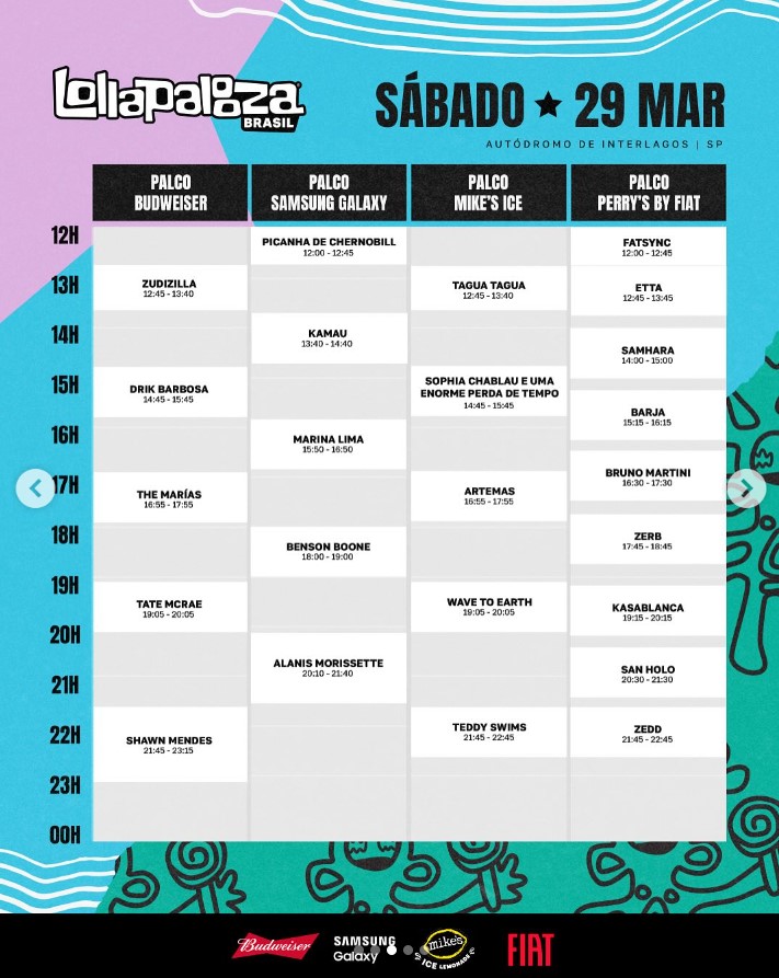 
		Lollapalooza divulga horários dos shows e palcos das atrações; confira